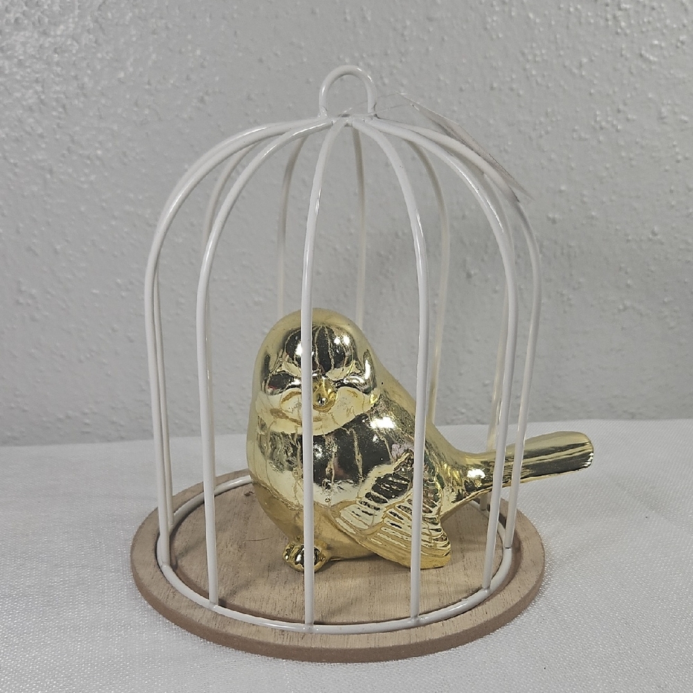 Gold Bird Figurine in White Cage Decor